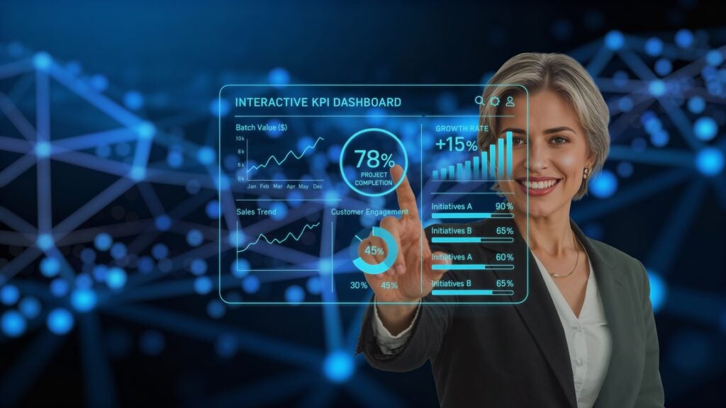 Business woman in front of a digital KPI dashboard, data points of light in the background behind her.