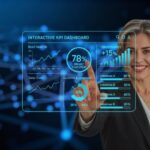 Business woman in front of a digital KPI dashboard, data points of light in the background behind her.