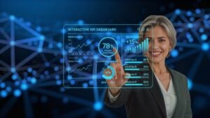 Business woman in front of a digital KPI dashboard, data points of light in the background behind her.