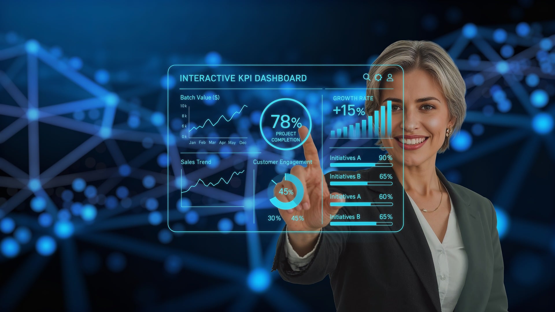 Business woman in front of a digital KPI dashboard, data points of light in the background behind her.