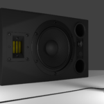 A large speaker with an older style microphone stand in front of it.