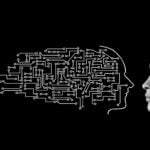 Profile of a woman facing a graphic of a robot-like head with circuits trailing behind it.