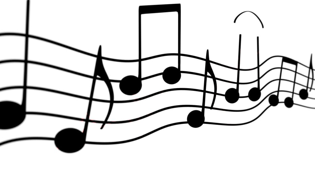 Graphic of musical notes from a composition, streaming off in either direction.