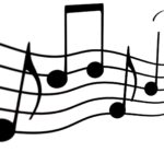 Graphic of musical notes from a composition, streaming off in either direction.