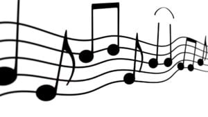 Graphic of musical notes from a composition, streaming off in either direction.