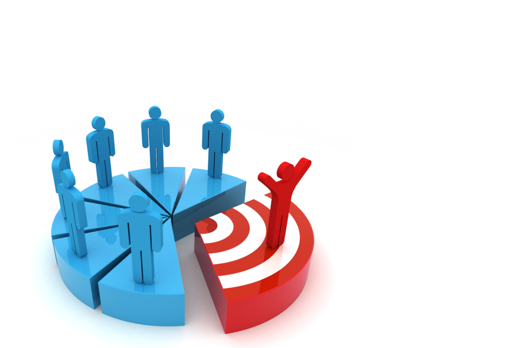 A graphic of target audience pie chart with the same blue people slices except one red slice target standing out with a person with hands raised.