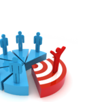 A graphic of target audience pie chart with the same blue people slices except one red slice target standing out with a person with hands raised.