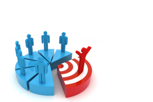 A graphic of target audience pie chart with the same blue people slices except one red slice target standing out with a person with hands raised.
