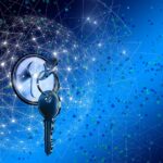 A key lock in a network with data points of light swirling around it.