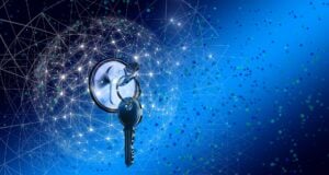A key lock in a network with data points of light swirling around it.