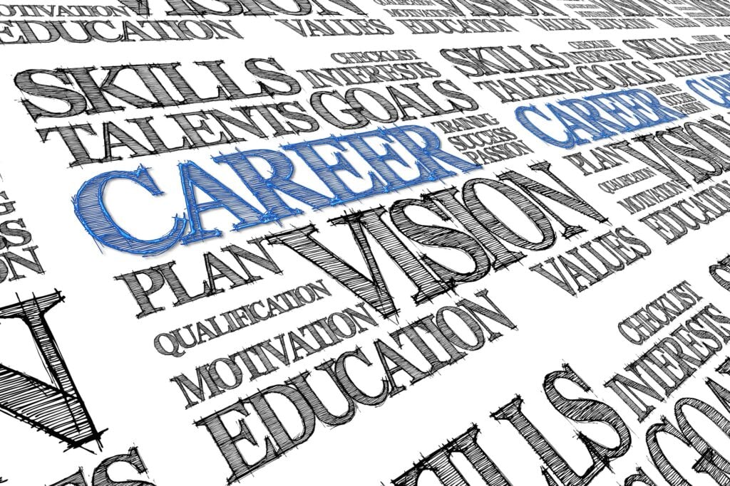Words stenciled out and moving down the horizon, like Career, Vision, Plan, Education, and so on.