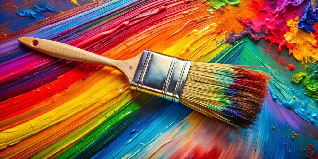 Used paintbrush lying on a bright and colorful painted canvas.