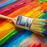 Used paintbrush lying on a bright and colorful painted canvas.